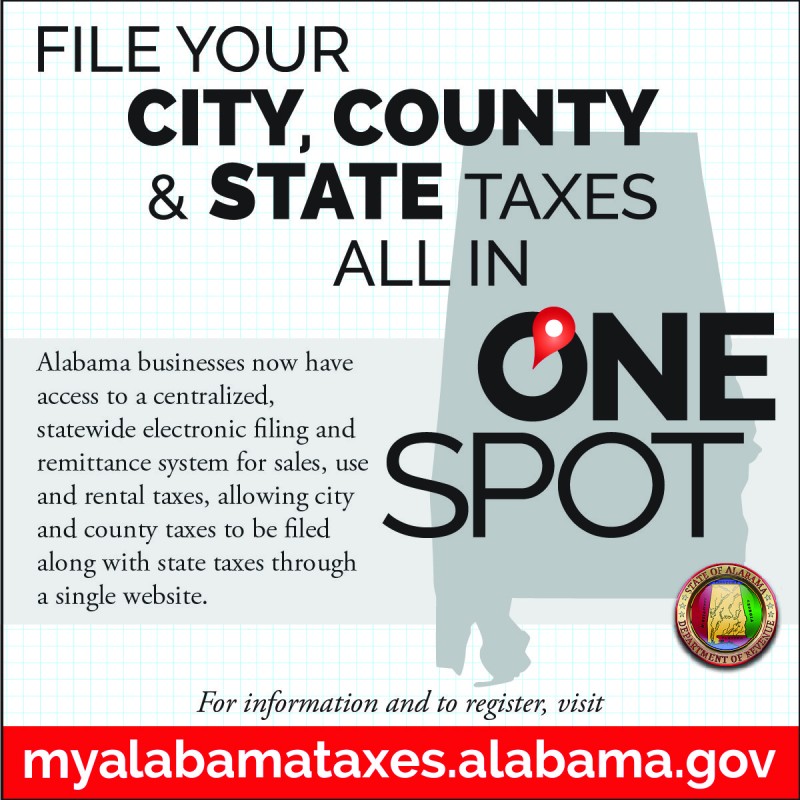 Newspaper ad design for the one spot campaign featuring instructions for filing city, county, and state taxes in one spot.