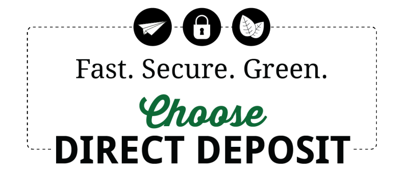 The header image design for this campaign's website. It features icons of a paper airplane, a lock, and a leaf. The text reads "Fast. Secure. Green. Choose Direct Deposit"