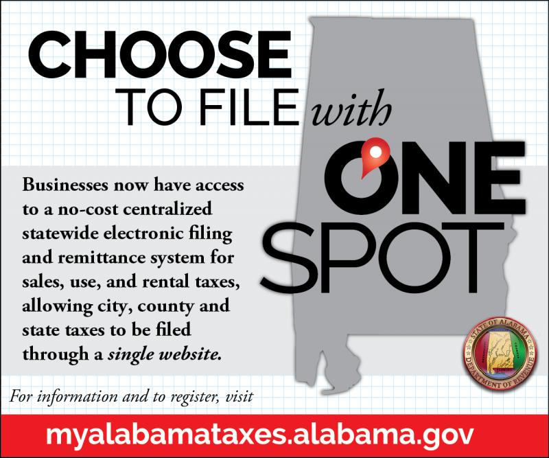 Digital Story ad design for the one spot campaign featuring a map of Alabama and instructions for filing city, county, and state taxes in one spot.
