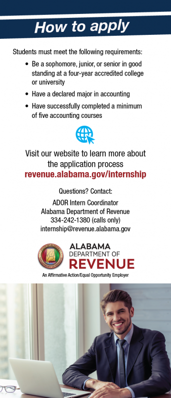 the reverse side of the internship program print flyer with contact information for the program coordinator